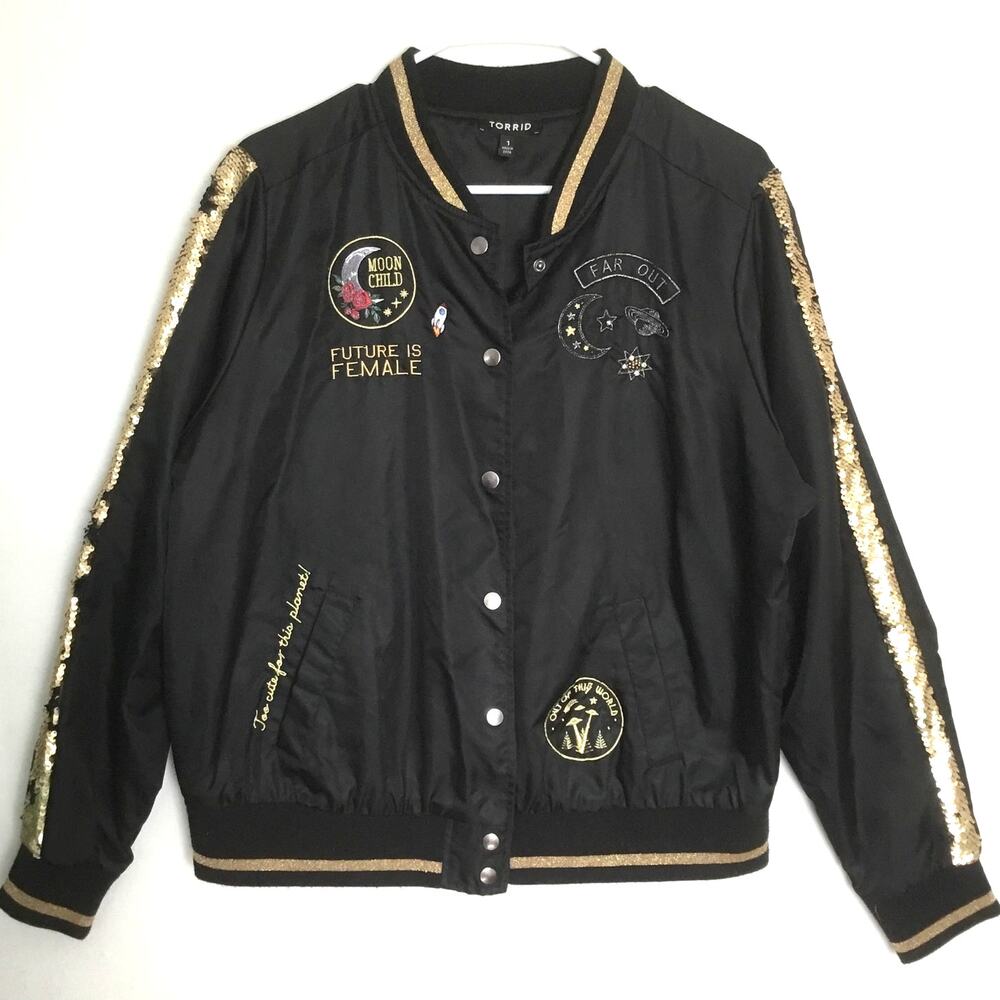 Torrid Satin Embroidered Sequin Patches Glitter Black Bomber Jacket Sz 1 Medium